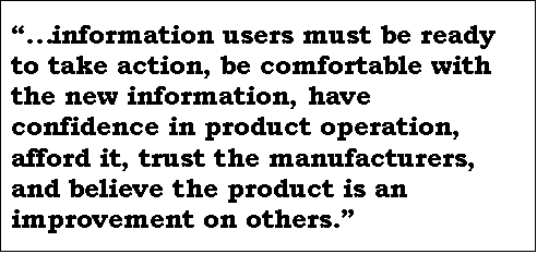 Text Box: information users must be ready to take action, be comfortable with the new information, have confidence in product operation, afford it, trust the manufacturers, and believe the product is an improvement on others.
